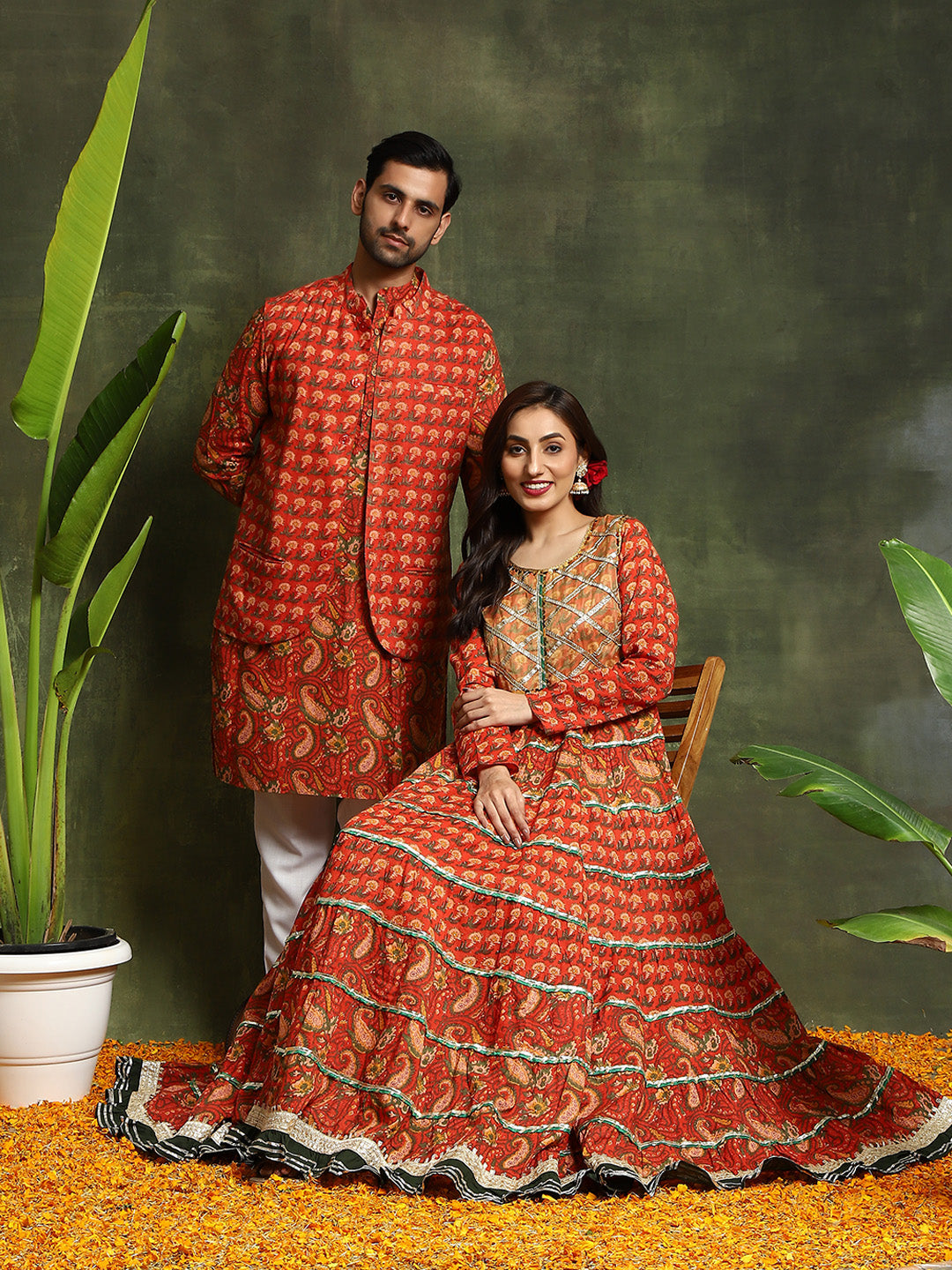 Red Floral Print Couple Combo Set