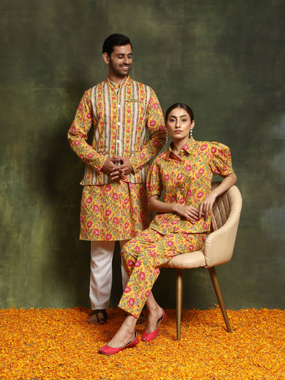 Yellow Floral Printed Couple Combo Set