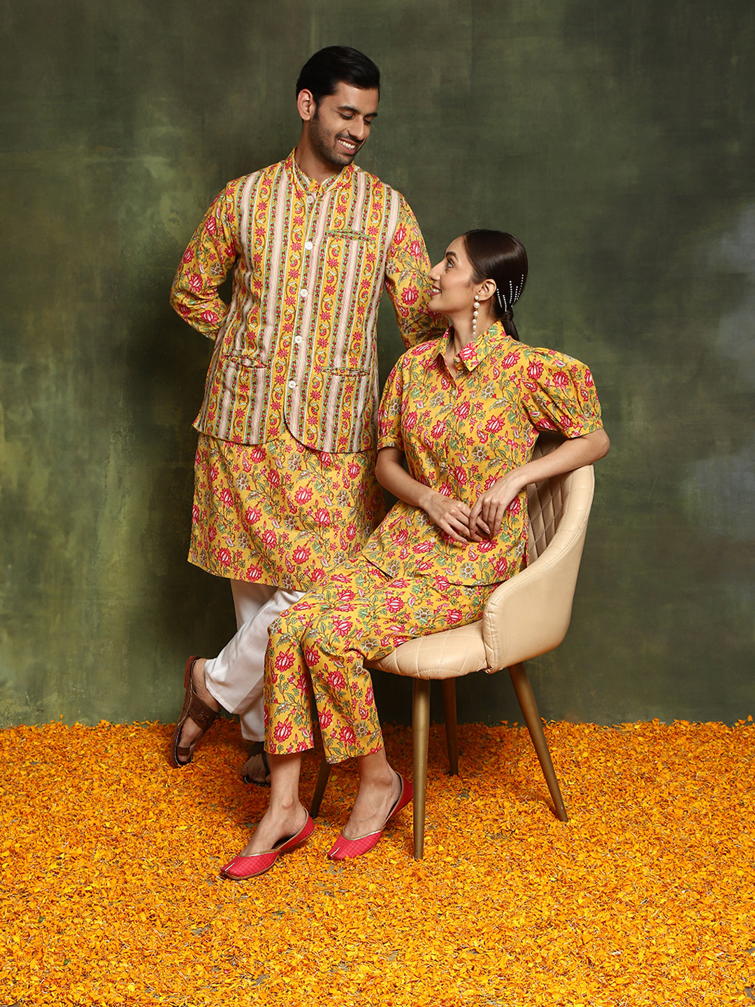 Yellow Floral Printed Couple Combo Set