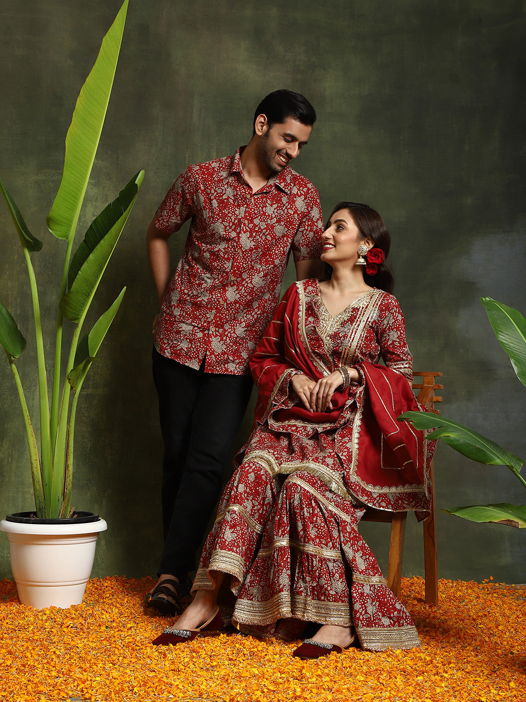Maroon Floral Print Couple Combo Set