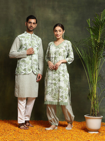 Green Floral Print Couple Combo Set
