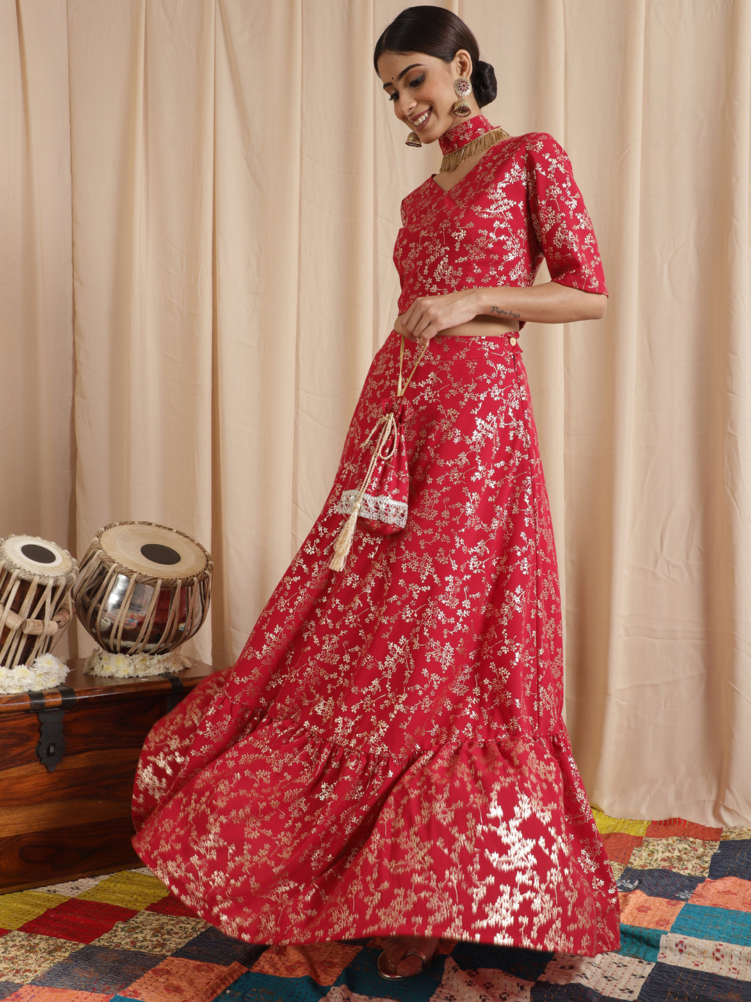 Red Floral Printed Lehenga Choli With Potali Bag & Necklace