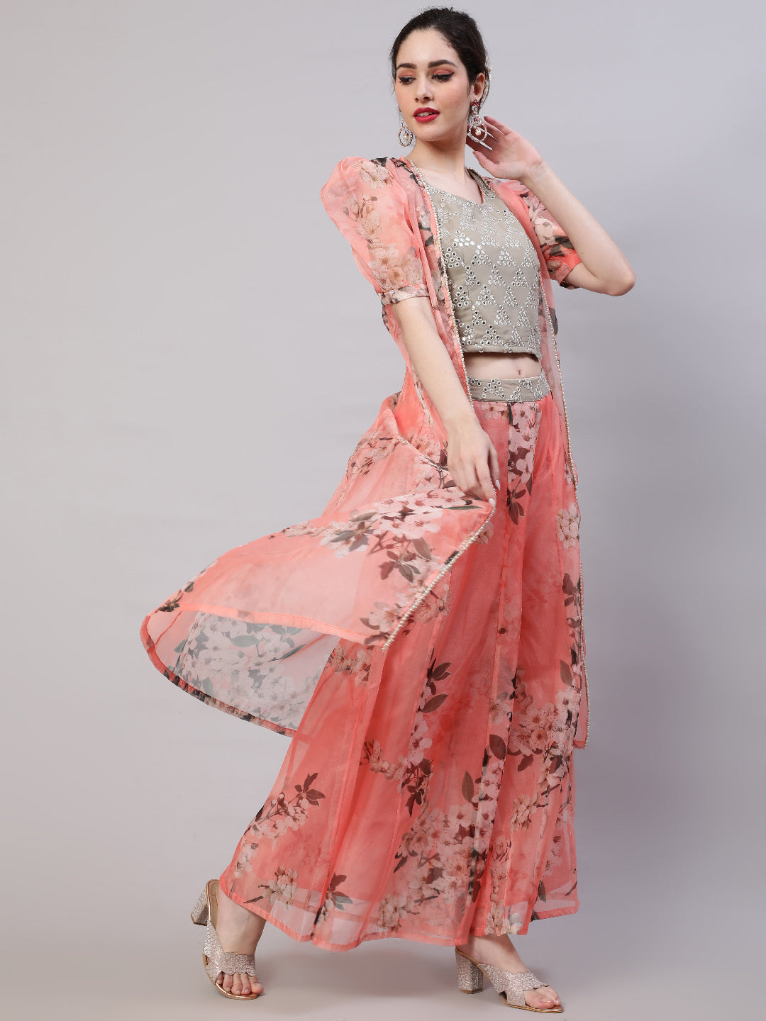 Peach Floral Print Co-ord Set With Jacket