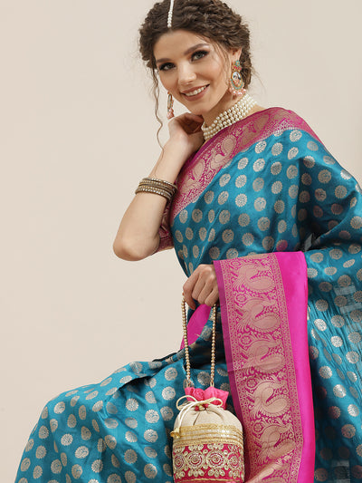 Turquoise Blue & Pink Golden Zari Work Banarasi Saree