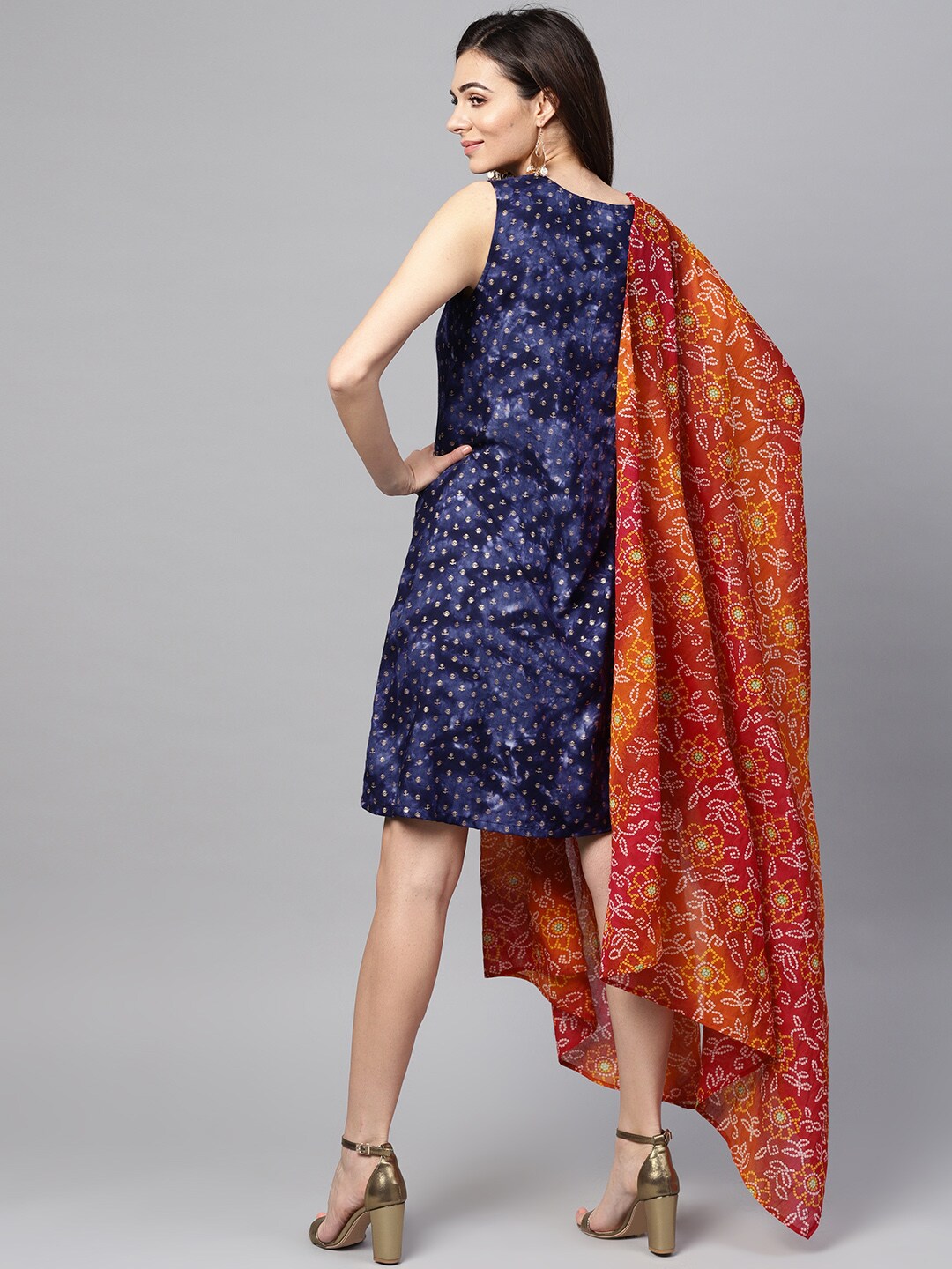 Blue Gold Printed Dress With Dupatta