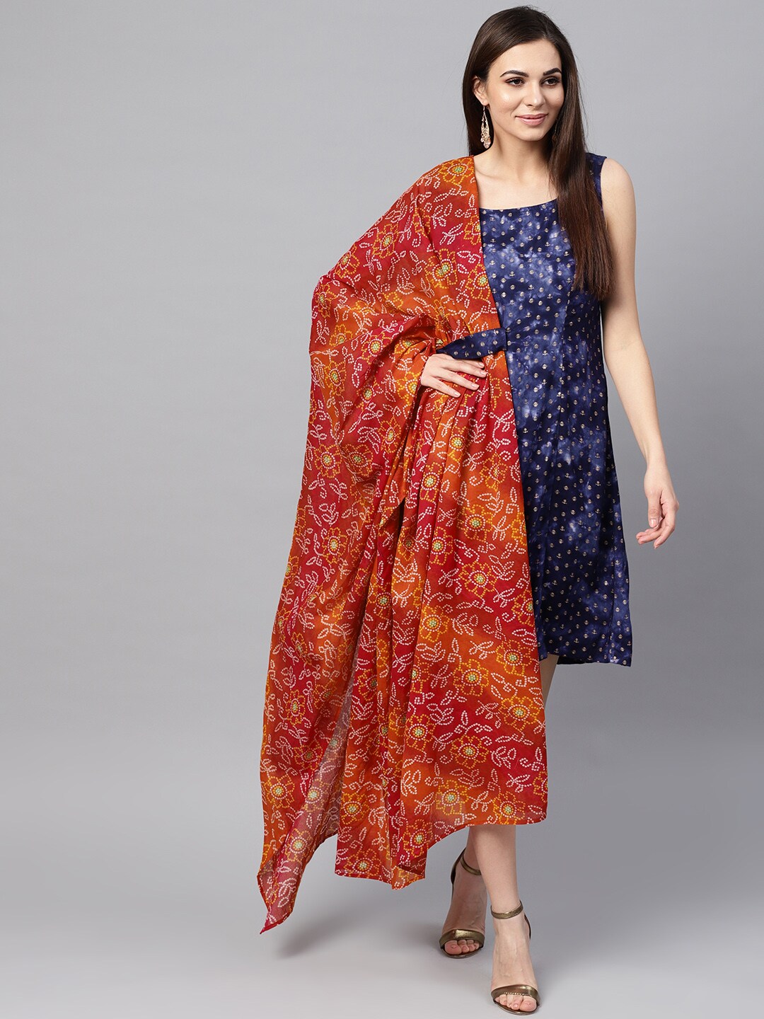 Blue Gold Printed Dress With Dupatta
