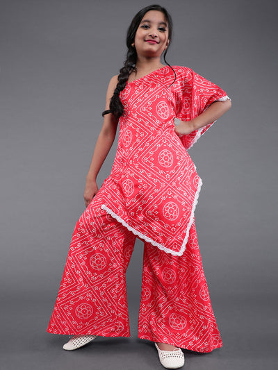 Red Bandhani Retro Style Suit Set Mother Daughter Combo