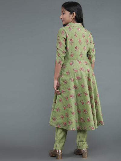 Green Floral Print Chanderi Suit Set - Mother Daughter Combo