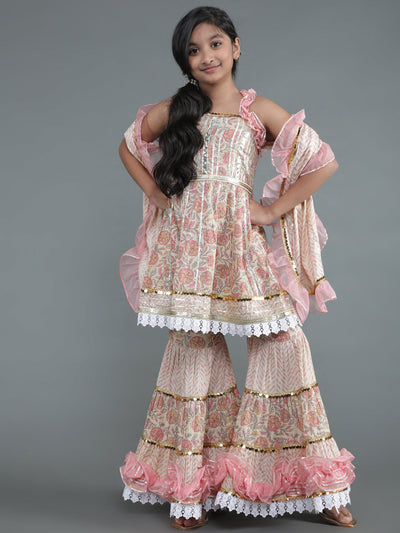 Cream & Pink Sharara Suit Set Mother Daughter Combo
