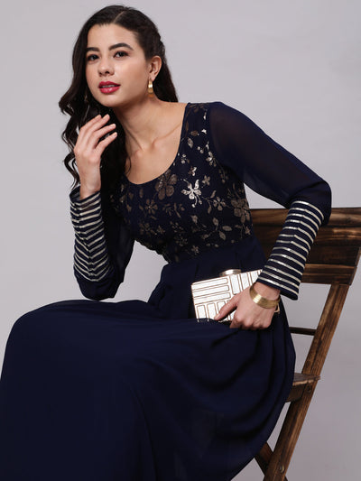 Navy Blue Embroidered Maxi Dress Mother Daughter Combo