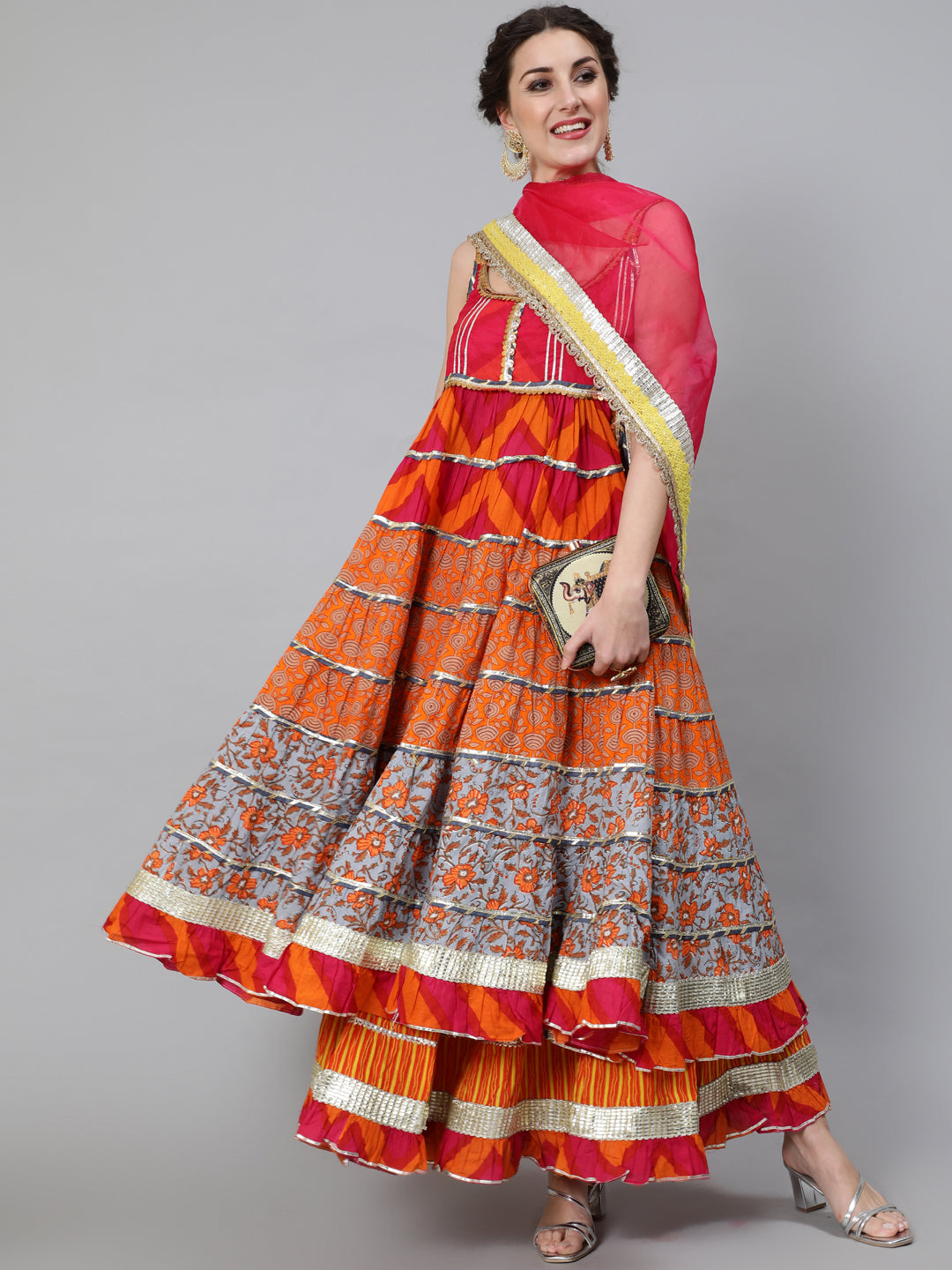 Orange Embellished Anarkali Skirt With Dupatta