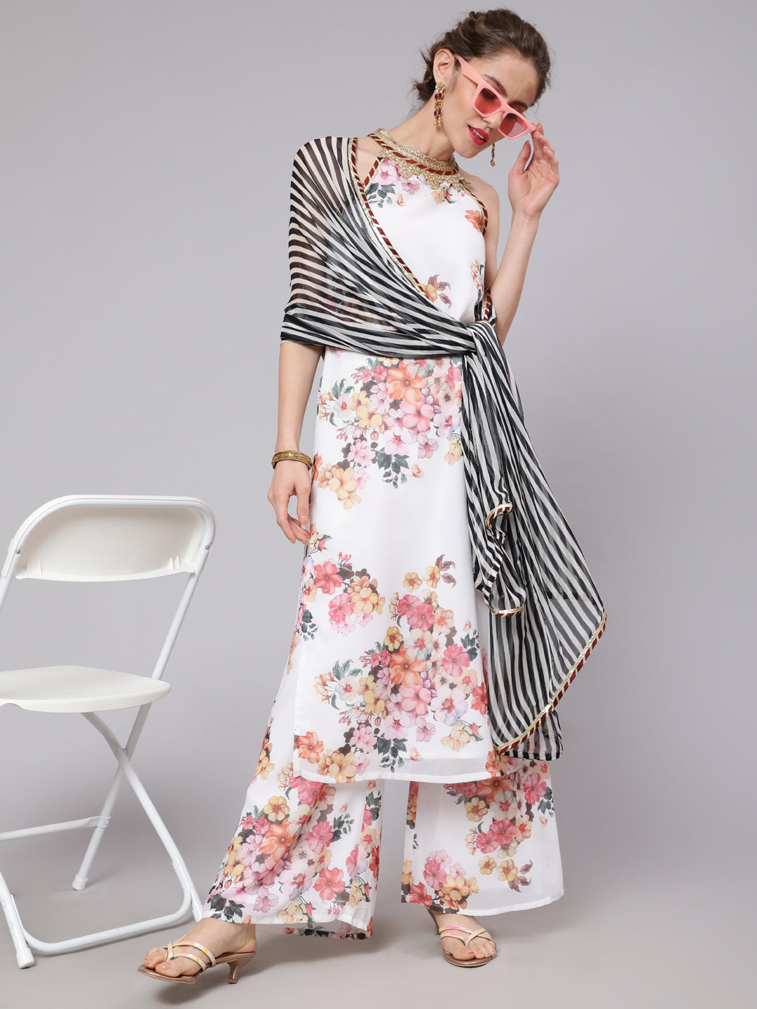 White Floral Digital Print Georgette Suit Set Mother Daughter Combo