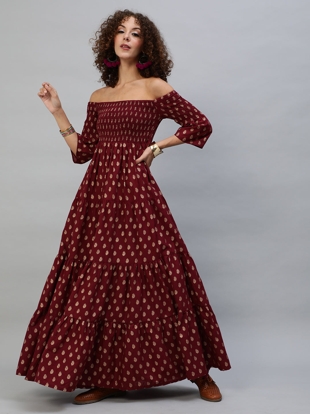 Maroon Gold Printed Off Shoulder Tiered Dress Mother Daughter Combo