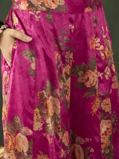 Pink Floral Print Kurta Palazzo With Dupatta