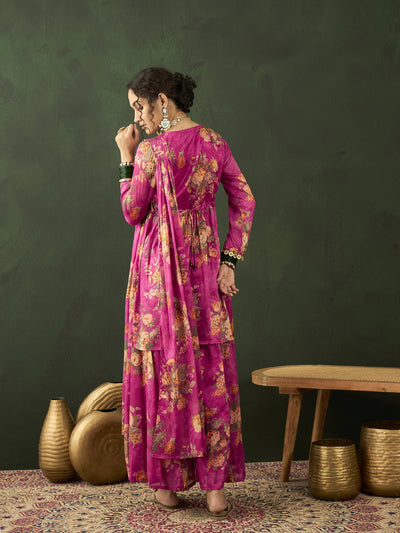 Pink Floral Print Kurta Palazzo With Dupatta