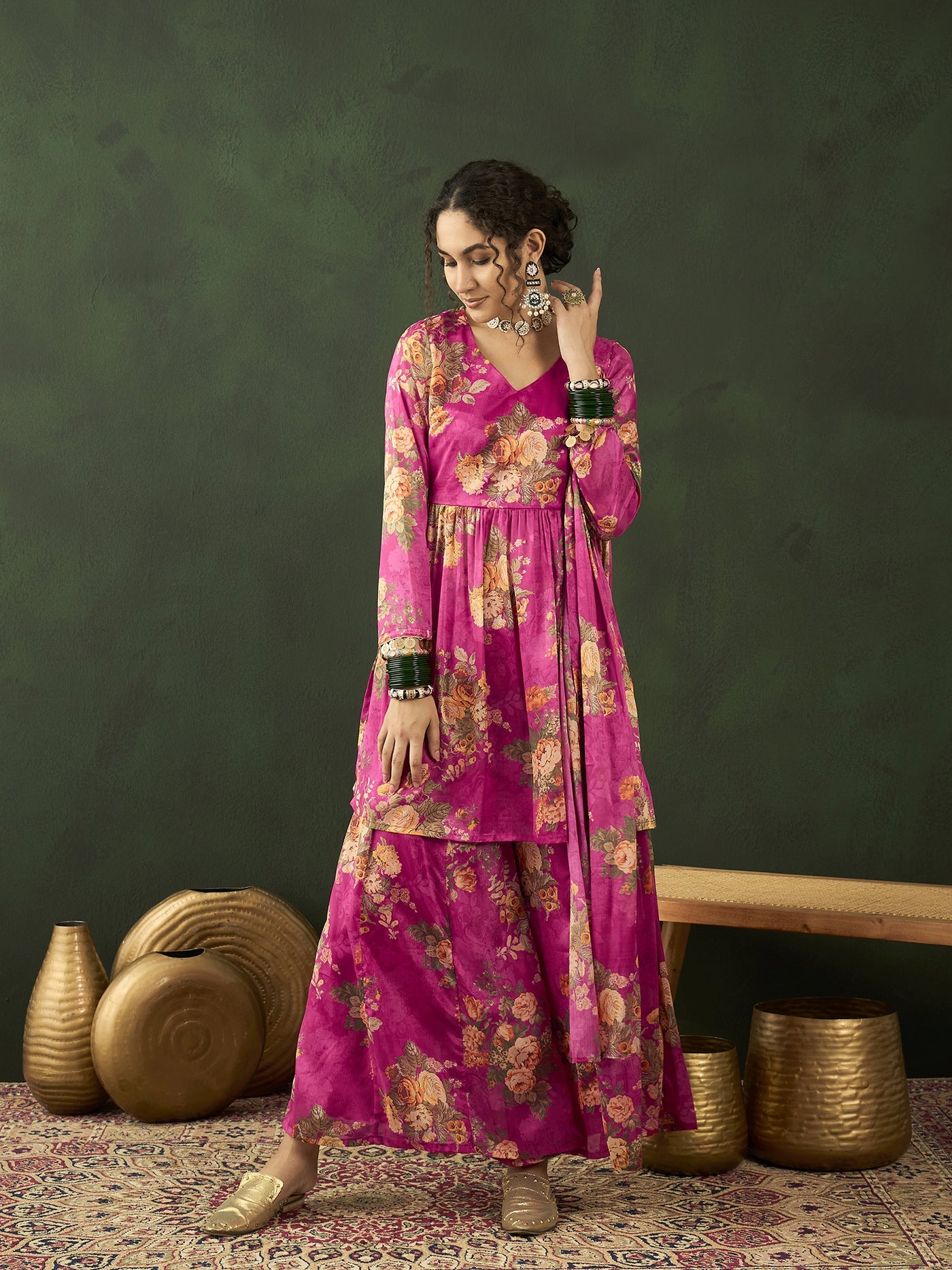 Pink Floral Print Kurta Palazzo With Dupatta