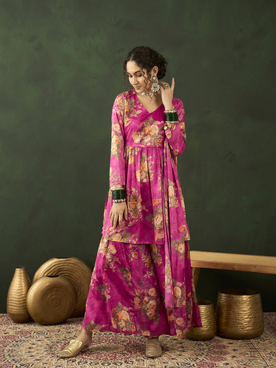 Pink Floral Print Kurta Palazzo With Dupatta