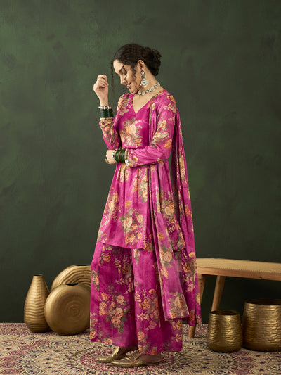 Pink Floral Print Kurta Palazzo With Dupatta