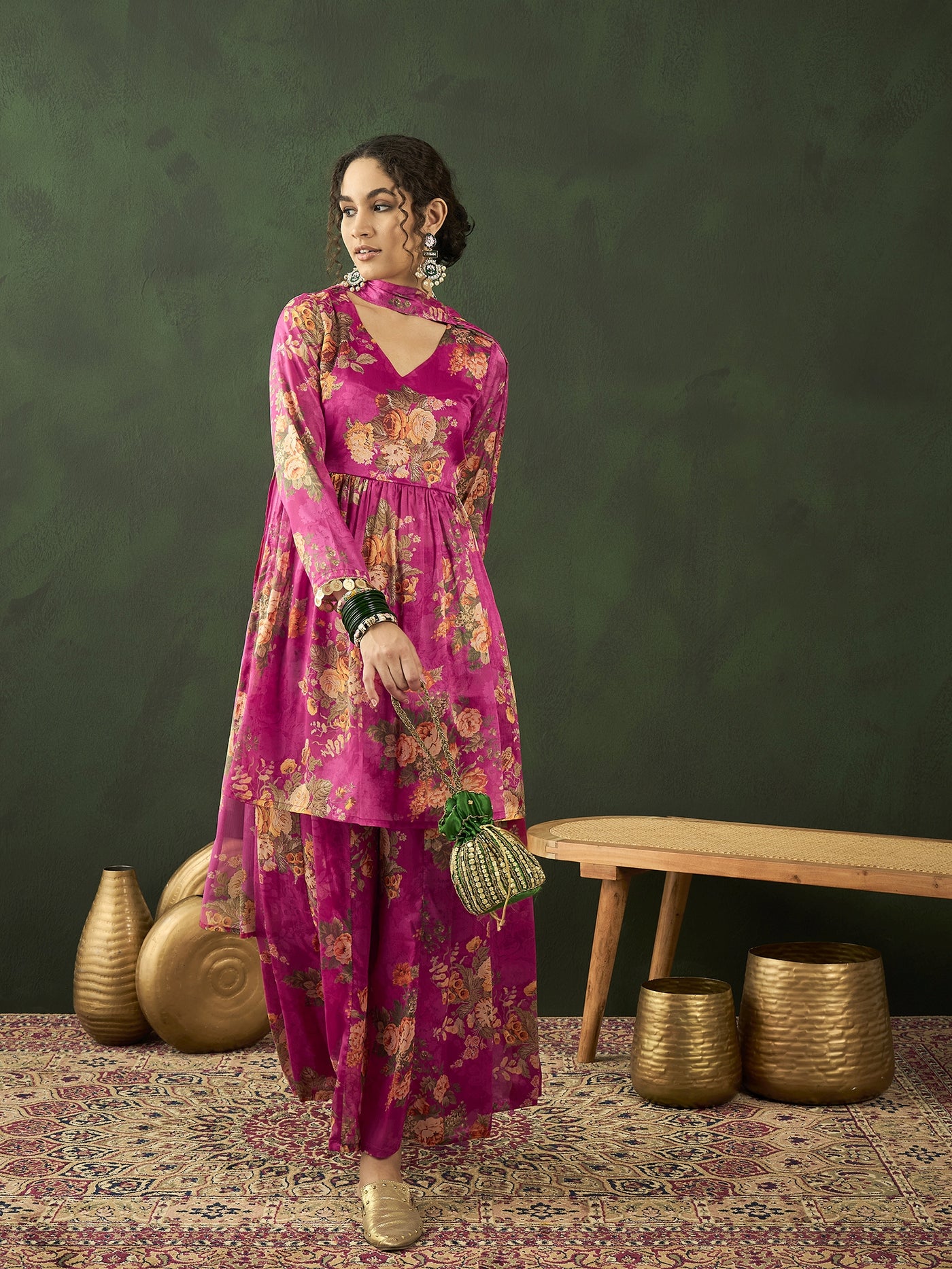 Pink Floral Print Kurta Palazzo With Dupatta