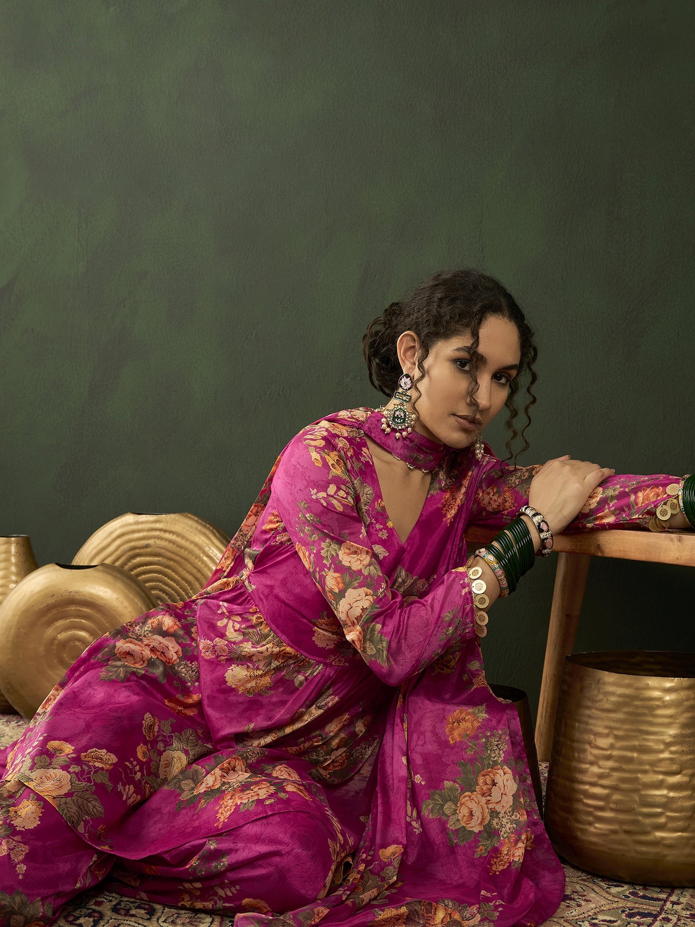 Pink Floral Print Kurta Palazzo With Dupatta