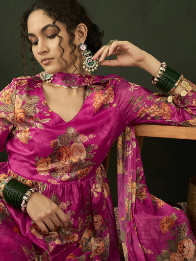Pink Floral Print Kurta Palazzo With Dupatta