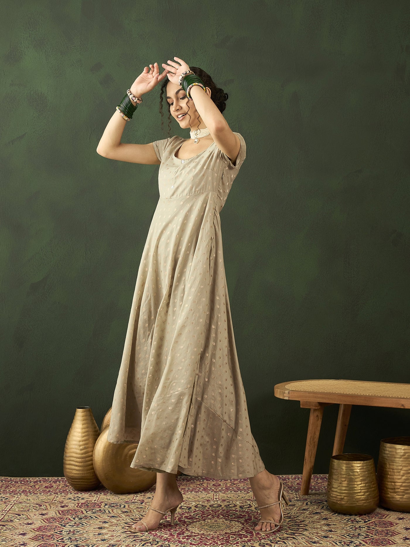 Grey Zari Worked Flared Maxi Dress