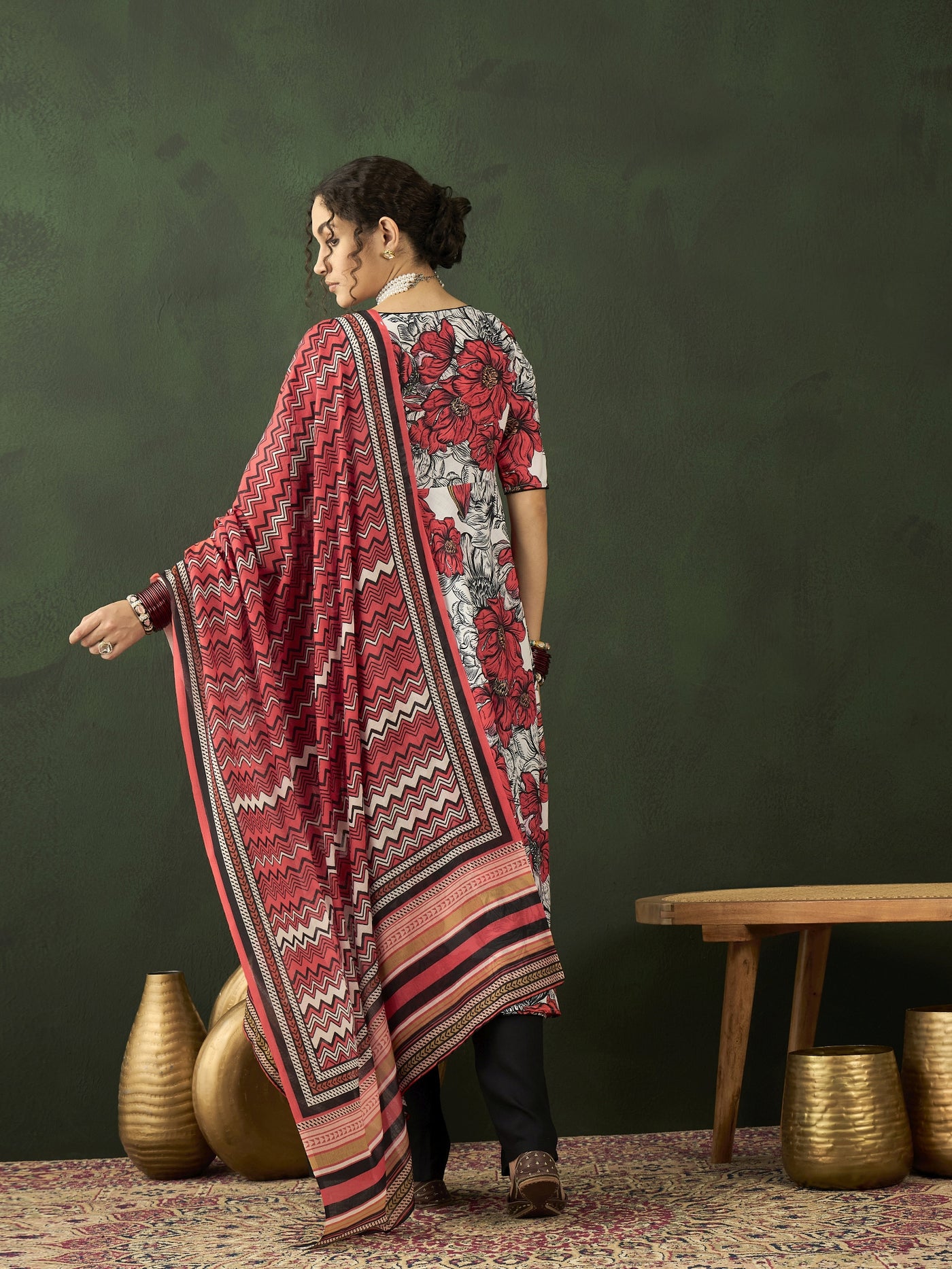 White & Red Floral Print Anarkali Palazzo With Dupatta