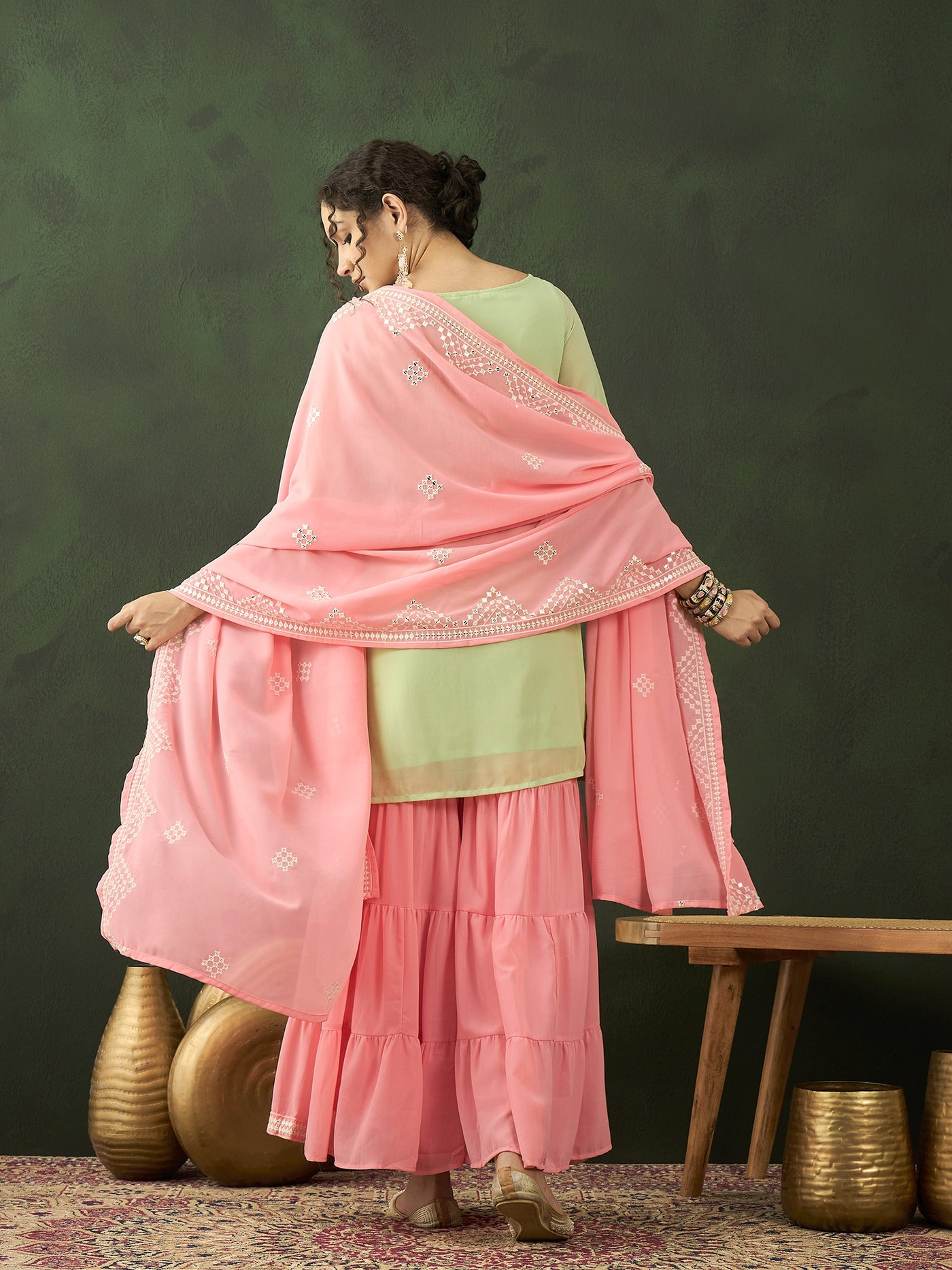 Peach & Sea Green Embroidered Kurta Sharara With Dupatta