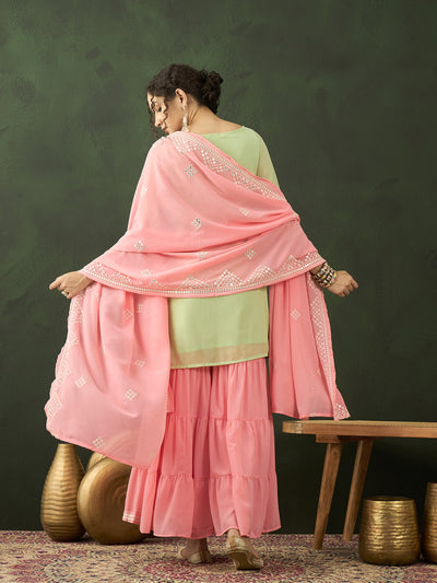 Peach & Sea Green Embroidered Kurta Sharara With Dupatta