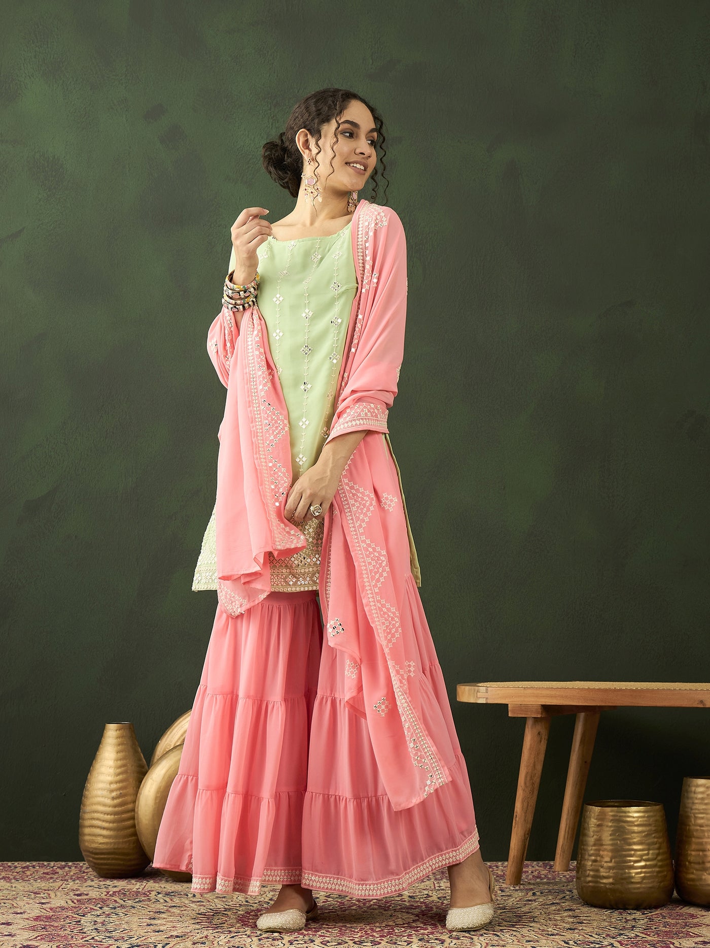 Peach & Sea Green Embroidered Kurta Sharara With Dupatta