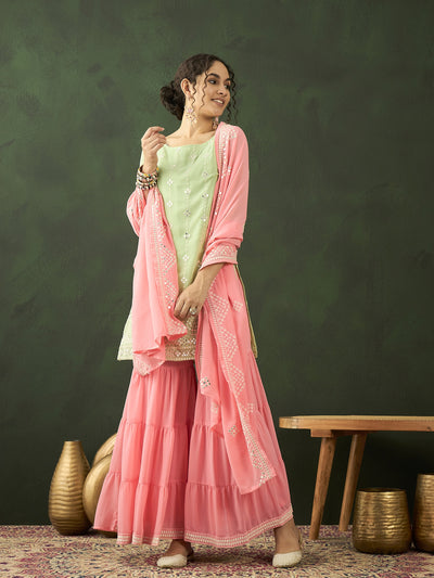 Peach & Sea Green Embroidered Kurta Sharara With Dupatta