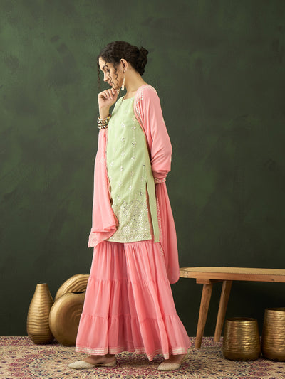 Peach & Sea Green Embroidered Kurta Sharara With Dupatta