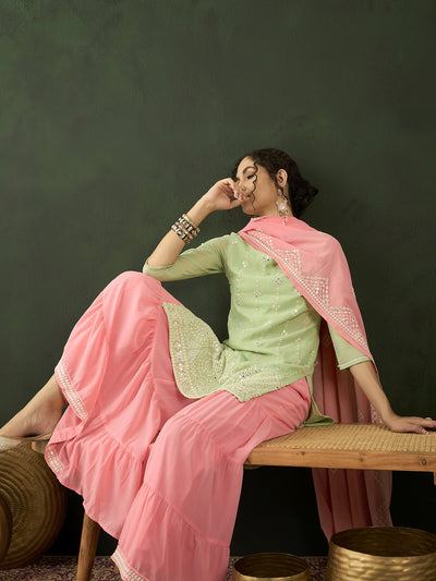 Peach & Sea Green Embroidered Kurta Sharara With Dupatta