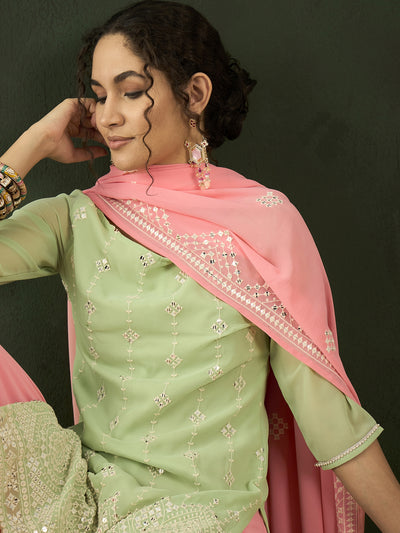Peach & Sea Green Embroidered Kurta Sharara With Dupatta