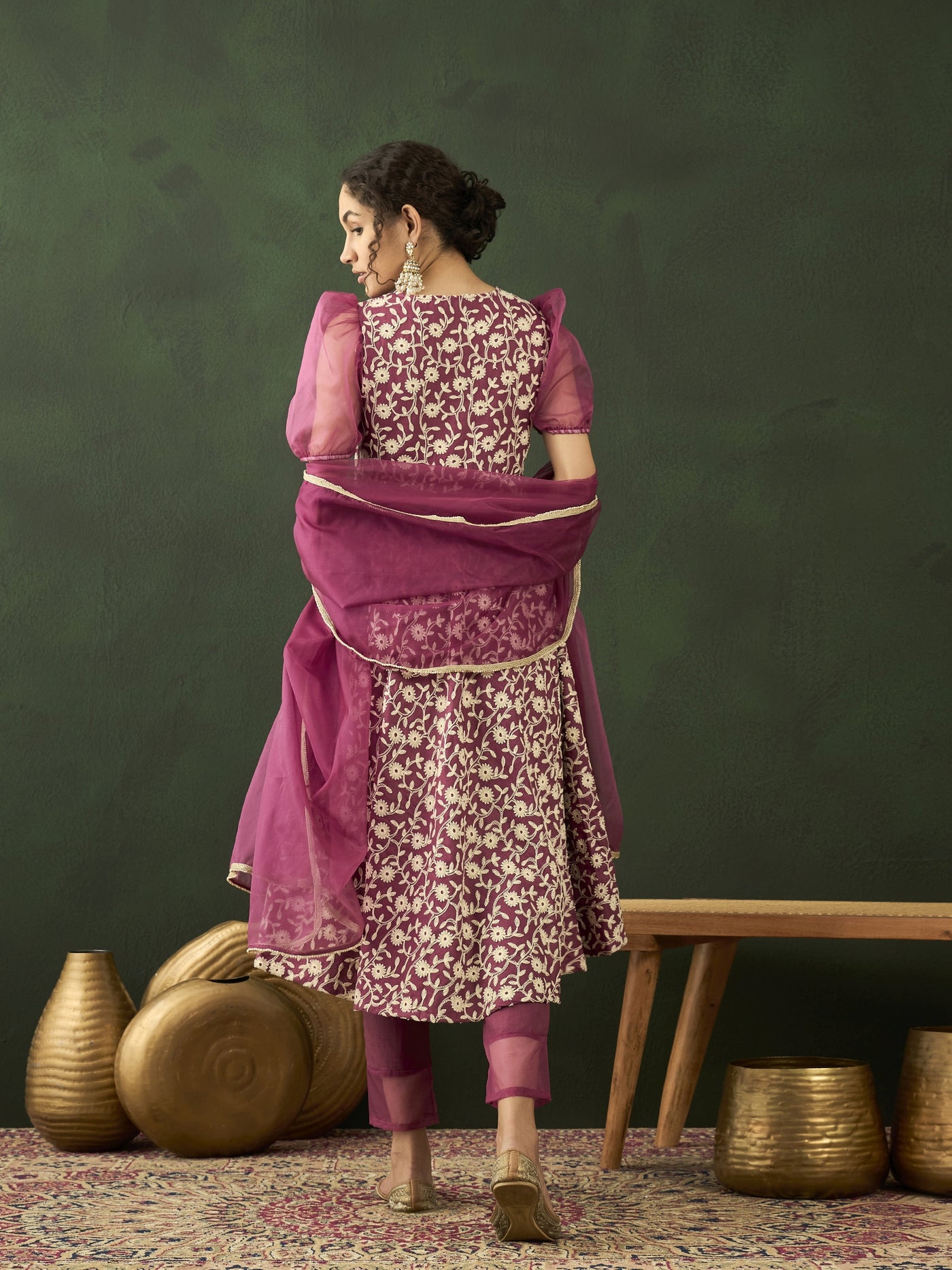 Purple Floral Embroidered Anarkali Pant With Dupatta