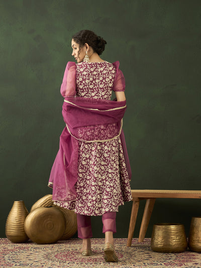 Purple Floral Embroidered Anarkali Pant With Dupatta