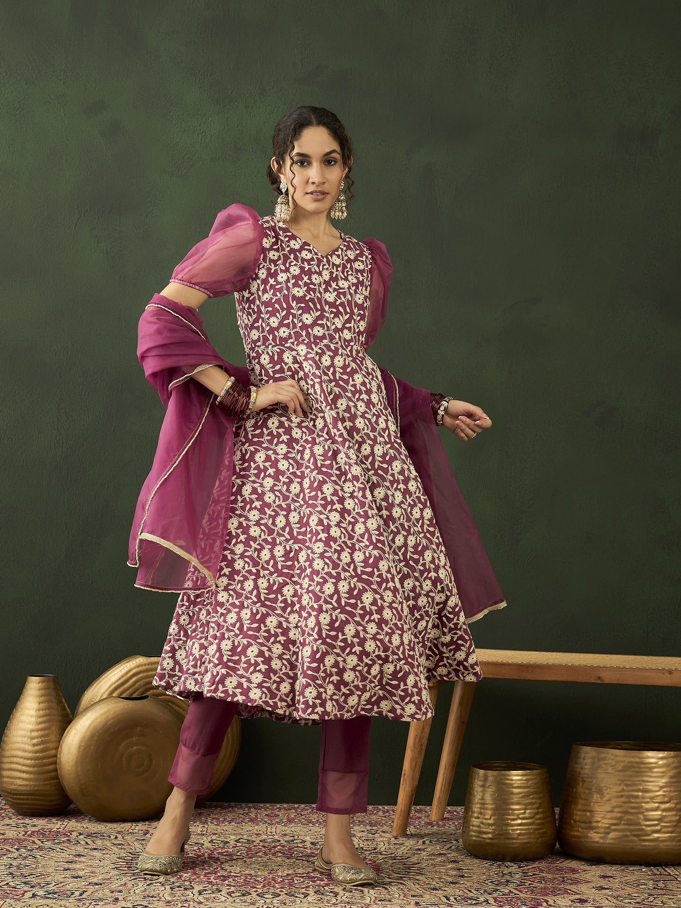 Purple Floral Embroidered Anarkali Pant With Dupatta