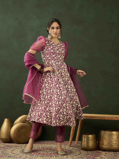 Purple Floral Embroidered Anarkali Pant With Dupatta