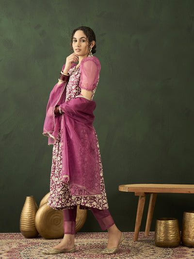 Purple Floral Embroidered Anarkali Pant With Dupatta