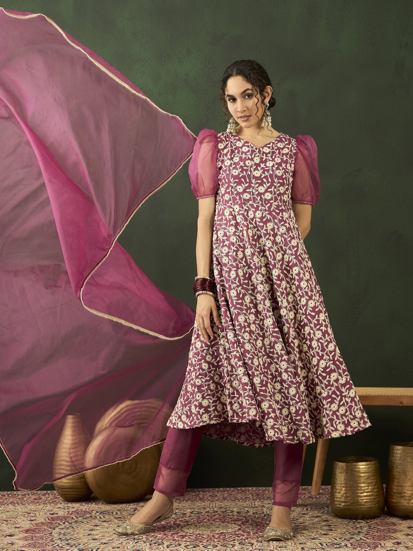 Purple Floral Embroidered Anarkali Pant With Dupatta