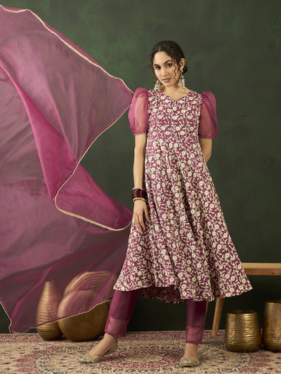Purple Floral Embroidered Anarkali Pant With Dupatta