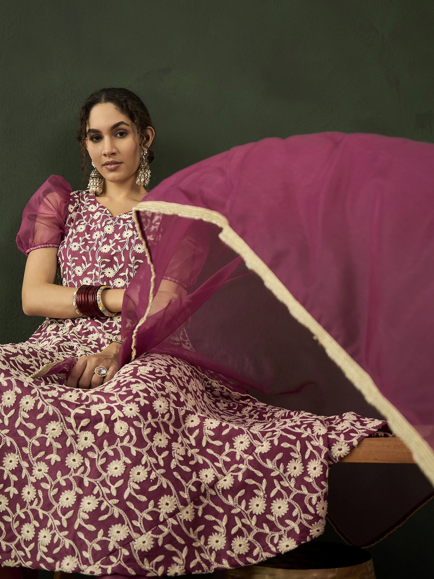 Purple Floral Embroidered Anarkali Pant With Dupatta