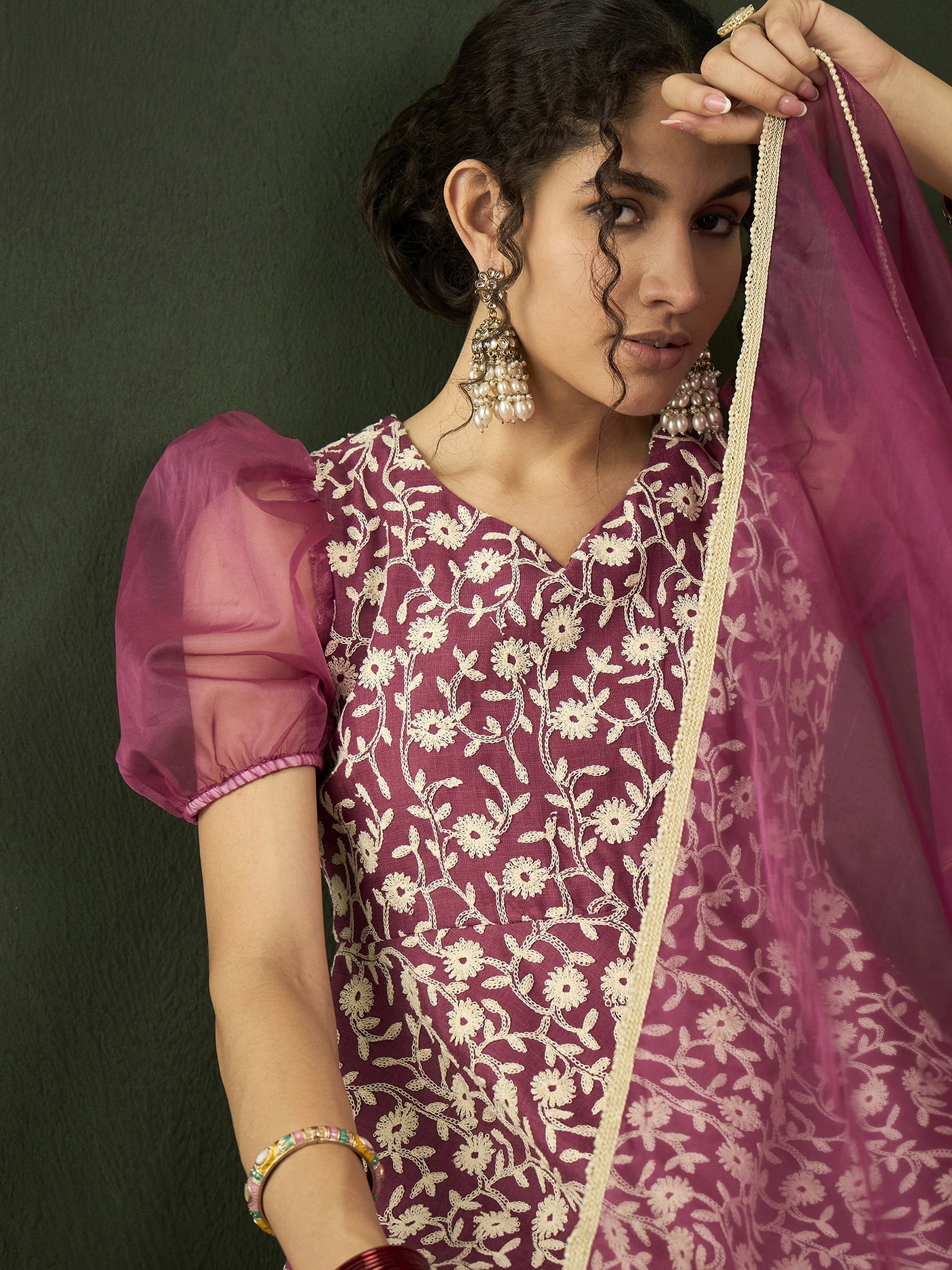Purple Floral Embroidered Anarkali Pant With Dupatta