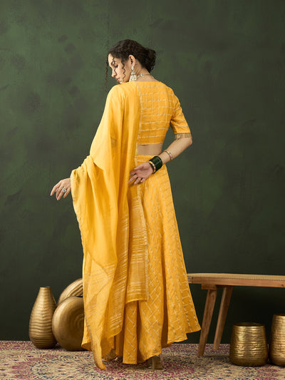 Yellow Checked Lehenga Choli With Dupatta