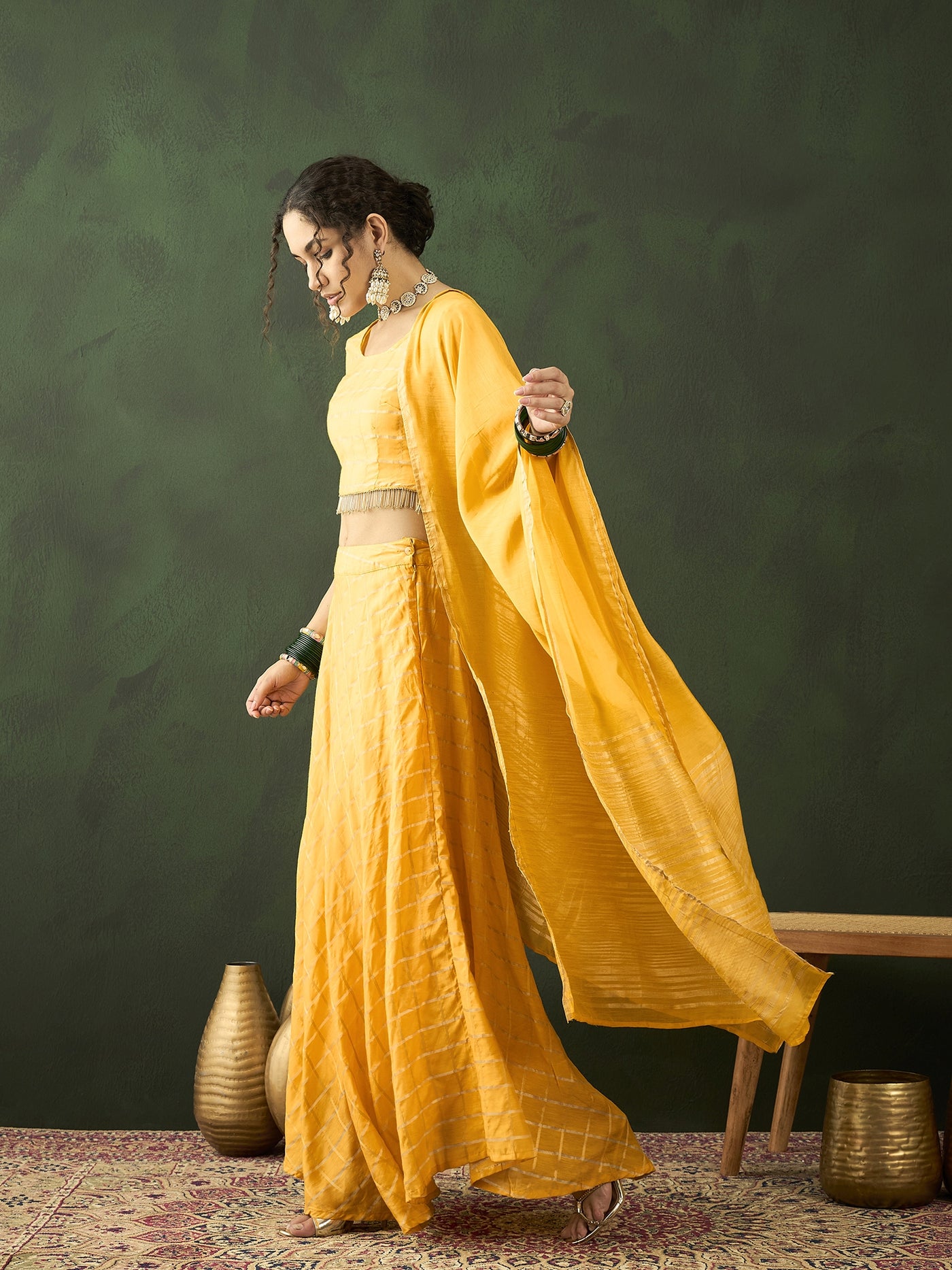Yellow Checked Lehenga Choli With Dupatta