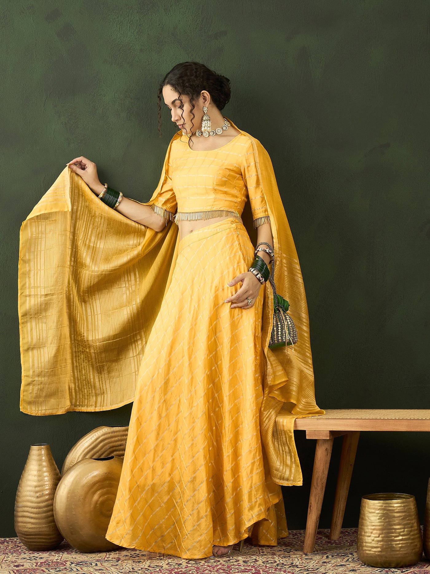 Yellow Checked Lehenga Choli With Dupatta