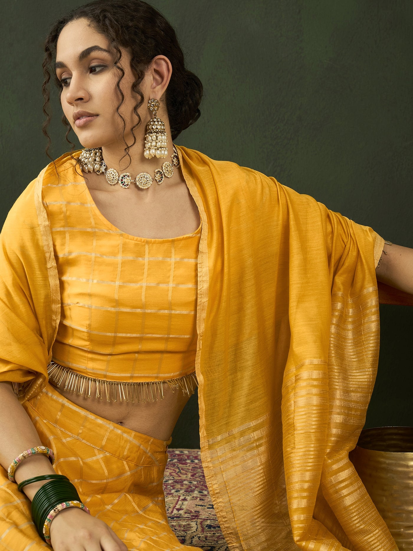 Yellow Checked Lehenga Choli With Dupatta