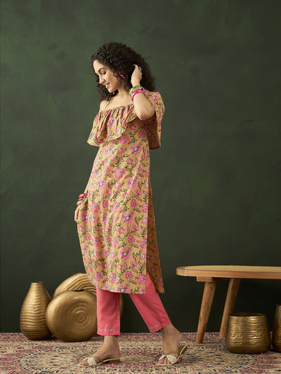 Yellow Floral Print Off-Shoulder Straight Kurta