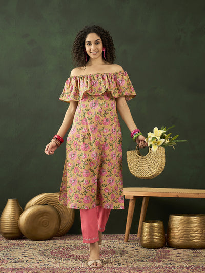 Yellow Floral Print Off-Shoulder Straight Kurta