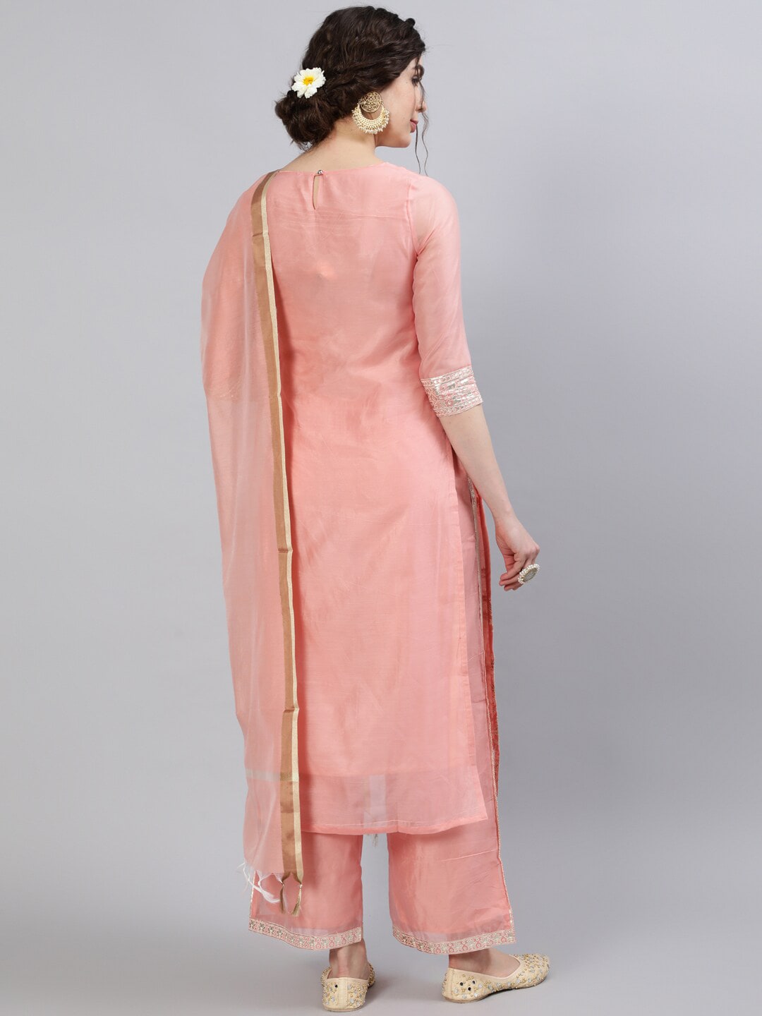 Peach Foil Print Kurta Palazzo with Dupatta